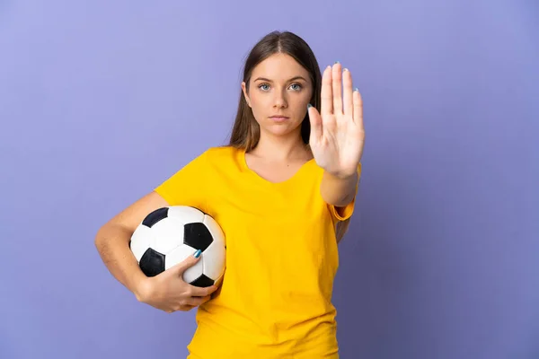 Young Lithuanian Football Player Woman Isolated Purple Background Making Stop — 图库照片