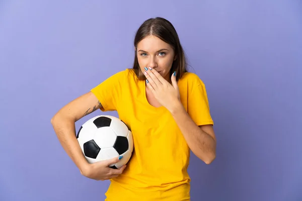 Young Lithuanian Football Player Woman Isolated Purple Background Happy Smiling — 图库照片