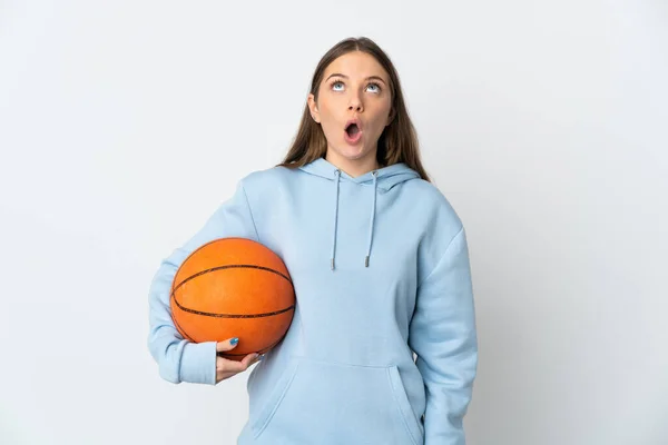 Young Lithuanian Woman Playing Basketball Isolated White Background Looking Surprised — Stock Photo, Image