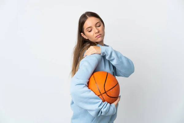 Jovem Lituana Jogando Basquete Isolado Fundo Branco Sofrendo Dor Ombro — Fotografia de Stock