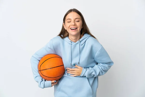 Wanita Muda Lithuania Bermain Basket Terisolasi Latar Belakang Putih Tersenyum — Stok Foto
