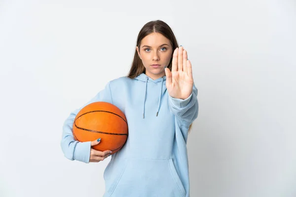Young Lithuanian Woman Playing Basketball Isolated White Background Making Stop — Stock Photo, Image