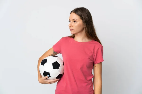 Молодая Литовская Женщина Белом Фоне Футбольным Мячом — стоковое фото