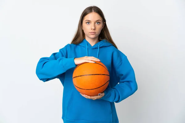 Joven Lituana Aislada Sobre Fondo Blanco Jugando Baloncesto — Foto de Stock