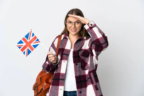 Junge Litauerin Mit Britischer Flagge Auf Weißem Hintergrund Salutiert Mit — Stockfoto
