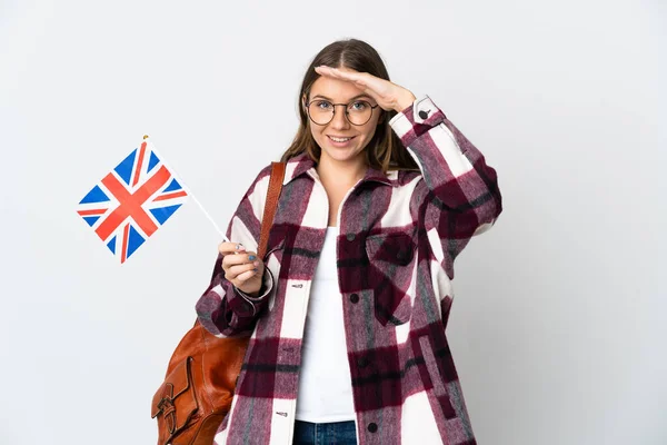 Young Lithuanian Woman Holding United Kingdom Flag Isolated White Background — Stock Photo, Image