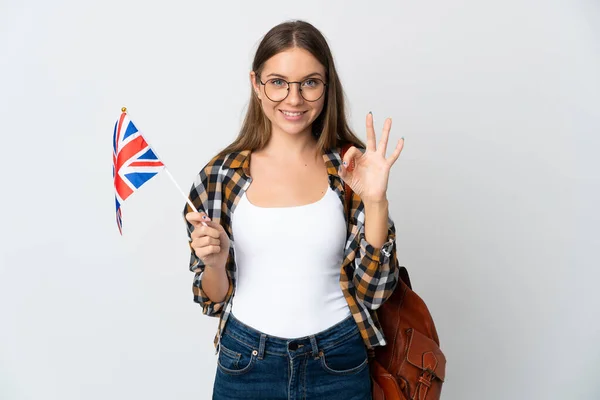 Mladá Litevská Žena Drží Vlajku Spojeného Království Izolované Bílém Pozadí — Stock fotografie