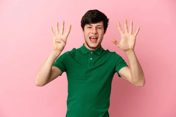 Young Russian Man Isolated Pink Background Counting Nine Fingers — 图库照片