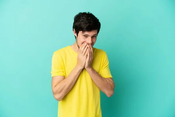 Young Russian Man Isolated Blue Background Happy Smiling Covering Mouth — Stock Photo, Image