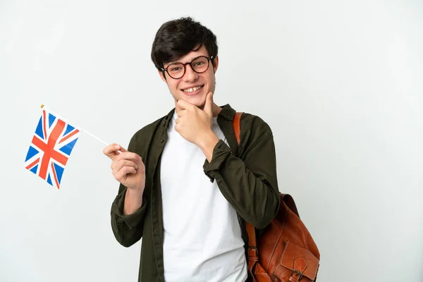 Young Russian Man Holding United Kingdom Flag Isolated White Background — 图库照片