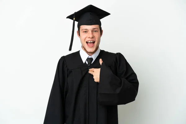 Fiatal Egyetemi Orosz Diplomás Elszigetelt Fehér Háttérrel Meglepetés Arckifejezés — Stock Fotó