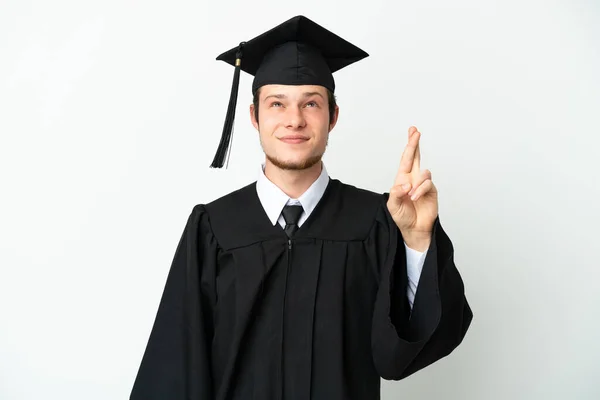 Jonge Universiteit Russische Afgestudeerde Geïsoleerd Witte Achtergrond Met Vingers Kruisen — Stockfoto