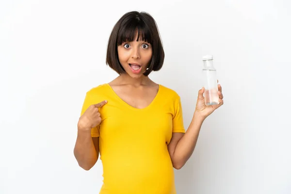 Young Pregnant Woman Holding Bottle Water Isolated White Background Surprise — Stock Photo, Image