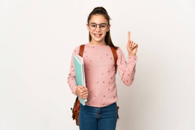 Tecrit edilmiş küçük bir öğrenci kız harika bir fikre işaret ediyor.