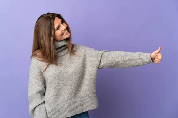 Young Slovak Woman Isolated Purple Background Giving Thumbs Gesture — 图库照片