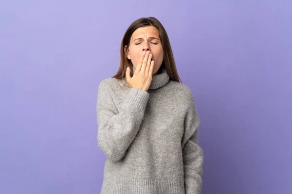 Young Slovak Woman Isolated Purple Background Yawning Covering Wide Open — Stockfoto