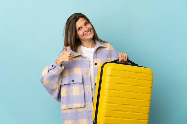 Young Slovak Woman Isolated Blue Background Vacation Travel Suitcase Thumb — Stockfoto