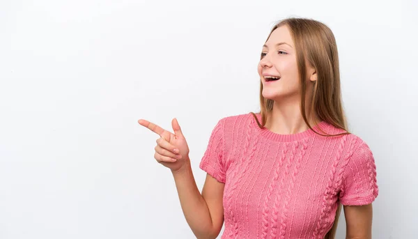 Young Russian Woman Isolated White Background Pointing Finger Side Presenting — Stock Photo, Image