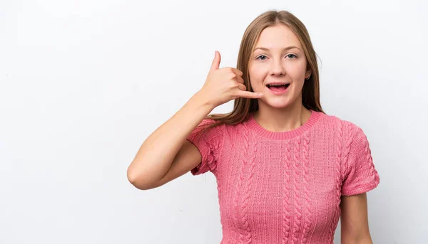 Jonge Russische Vrouw Geïsoleerd Witte Achtergrond Het Maken Van Telefoon — Stockfoto