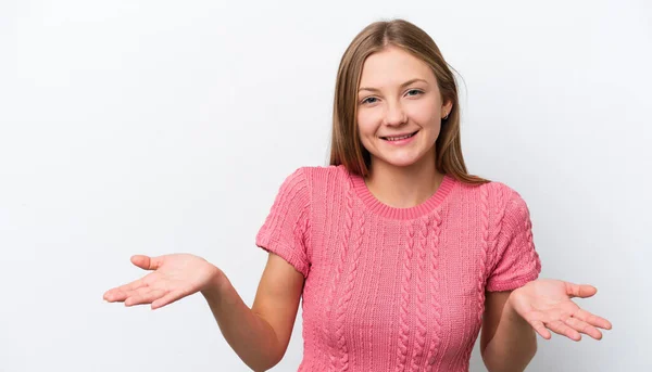 Jovem Mulher Russa Isolada Fundo Branco Feliz Sorridente — Fotografia de Stock