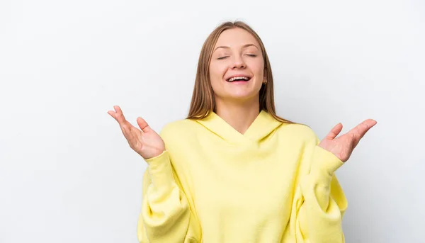 Jong Russisch Vrouw Geïsoleerd Witte Achtergrond Glimlachen Veel — Stockfoto