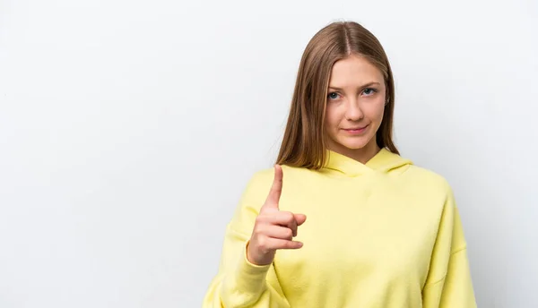 Mladá Ruská Žena Izolované Bílém Pozadí Frustrovaný Ukazuje Přední — Stock fotografie