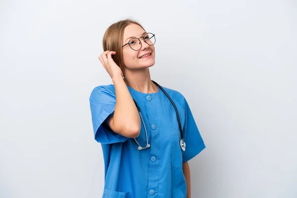 Young Nurse Doctor Woman Isolated White Background Thinking Idea — 图库照片