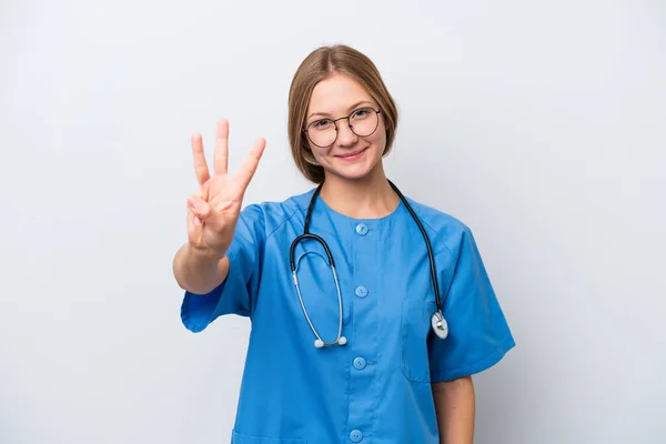 Junge Krankenschwester Ärztin Isoliert Auf Weißem Hintergrund Glücklich Und Zählen — Stockfoto