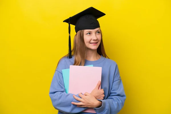 Young Student Russian Woman Isolated Yellow Background Thinking Idea While — Foto Stock