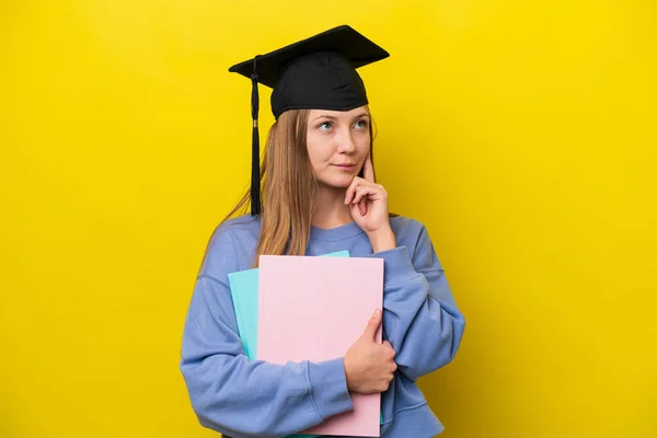 Young Student Russian Woman Isolated Yellow Background Having Doubts Thinking — Foto Stock