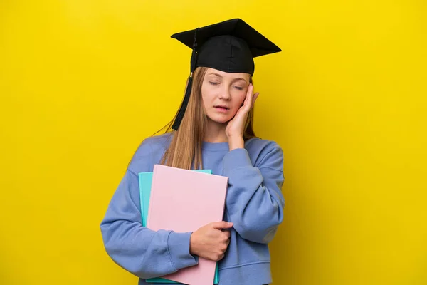 Young Student Russian Woman Isolated Yellow Background Headache — Foto Stock