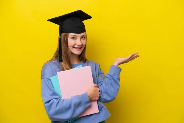 Young Student Russian Woman Isolated Yellow Background Extending Hands Side — Fotografia de Stock