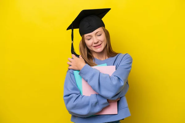 Young Student Russian Woman Isolated Yellow Background Suffering Pain Shoulder — Foto Stock