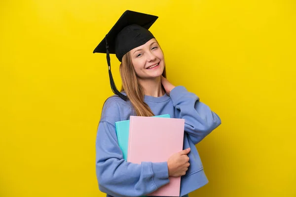 Young Student Russian Woman Isolated Yellow Background Laughing — Foto Stock