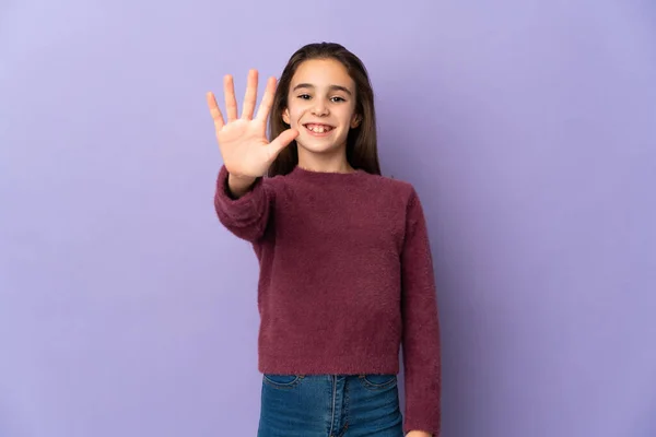 Little Girl Isolated Purple Background Counting Five Fingers — Stockfoto