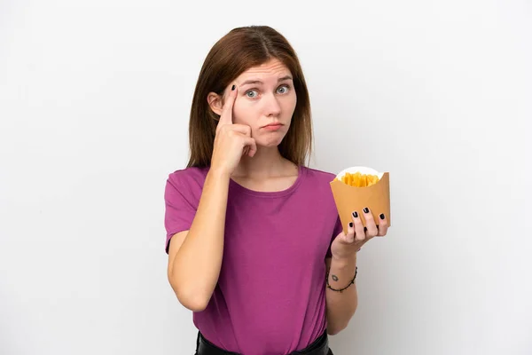 Young English Woman Holding Fried Chips Isolated White Background Thinking — Fotografia de Stock