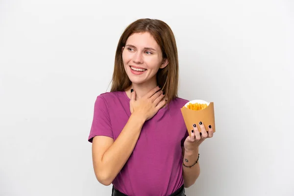 Joven Mujer Inglesa Sosteniendo Chips Fritos Aislados Sobre Fondo Blanco —  Fotos de Stock