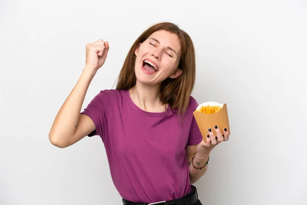 Fiatal Angol Kezében Sült Chips Elszigetelt Fehér Háttér Ünneplő Győzelem — Stock Fotó