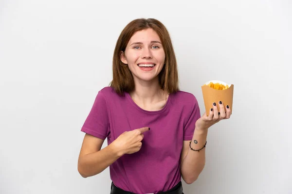 Young English Woman Holding Fried Chips Isolated White Background Surprise — Fotografia de Stock