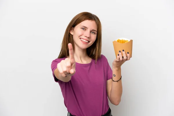 Young English Woman Holding Fried Chips Isolated White Background Showing — Fotografia de Stock