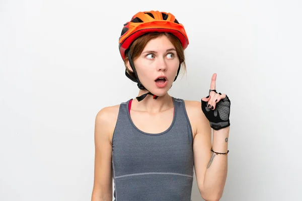 Genç Bisikletçi Ngiliz Kadın Beyaz Arka Planda Izole Edilmiş — Stok fotoğraf