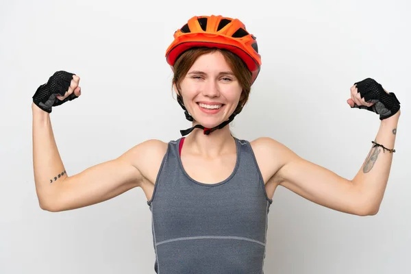 Genç Bisikletçi Ngiliz Kadın Beyaz Arka Planda Izole Edilmiş Güçlü — Stok fotoğraf