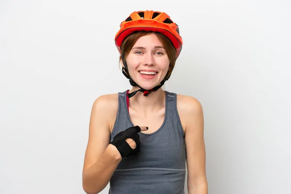 Genç Bisikletçi Ngiliz Kadın Beyaz Arka Planda Yalıtılmış Şaşırmış Bir — Stok fotoğraf