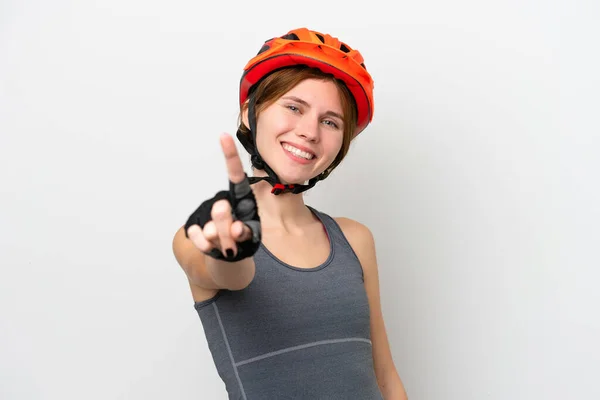 Young Cyclist English Woman Isolated White Background Showing Lifting Finger — Stock Photo, Image