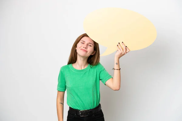 Young English Woman Isolated White Background Holding Empty Speech Bubble — Fotografia de Stock