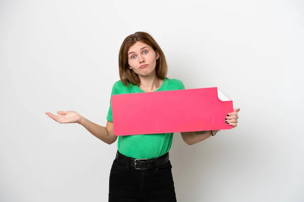 Young English Woman Isolated White Background Holding Empty Placard Having — Foto Stock