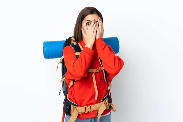Young Caucasian Mountaineer Girl Big Backpack Isolated White Background Covering — Fotografia de Stock