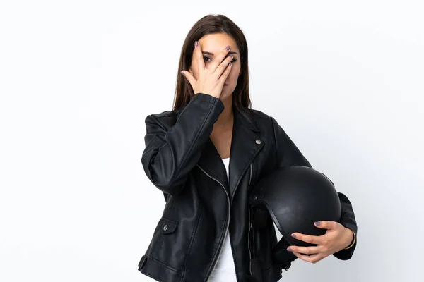 Caucasian Girl Holding Motorcycle Helmet White Background Covering Eyes Looking — Fotografia de Stock