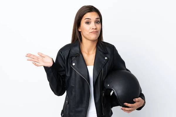 Chica Caucásica Sosteniendo Casco Motocicleta Sobre Fondo Blanco Que Tiene — Foto de Stock