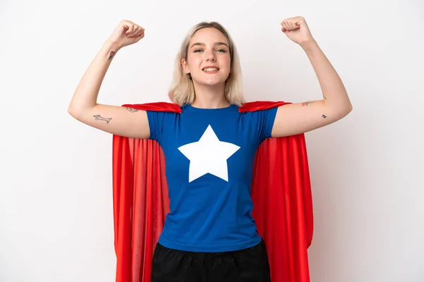 Young Caucasian Woman Isolated White Background Superhero Costume Doing Strong — Stock Photo, Image